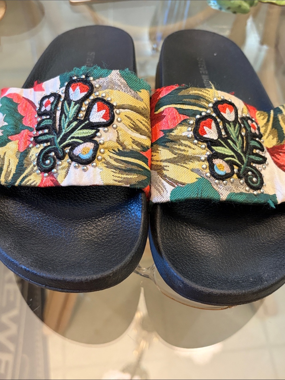 Steve Madden Black Slides with Multicolor Floral Embroidery & Silver Studs - Picture 5 of 9